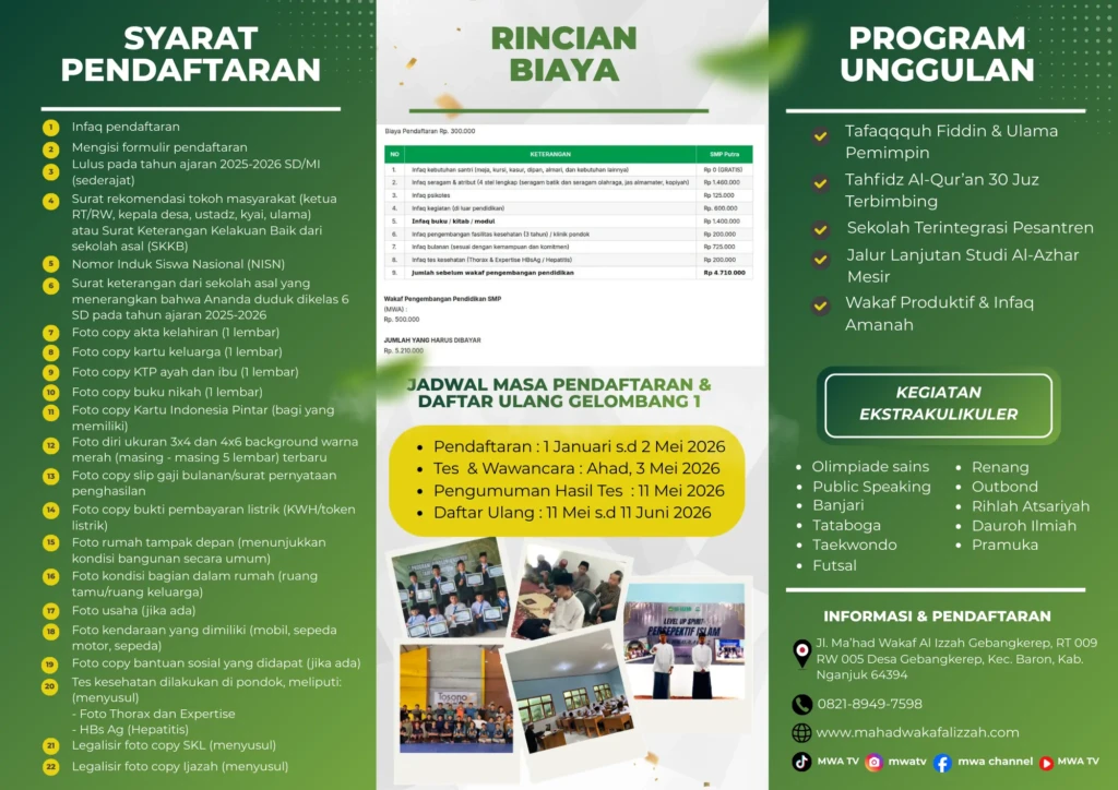 Pendaftaran Santri Baru TA 2026-2027 Ma’had Wakaf Al-Izzah SMP Bina Insan Mandiri Kampus II